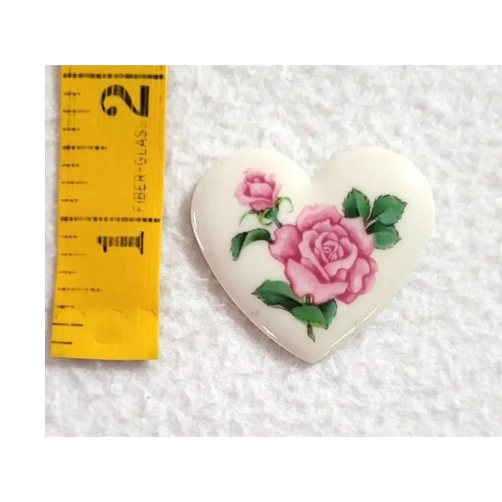 Vtg Avon White Heart Brooch Pink Roses Floral Porcelain Romantic Cottagecore